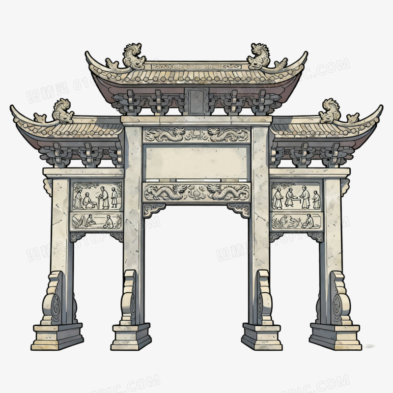 卡通手绘风牌坊免抠元素