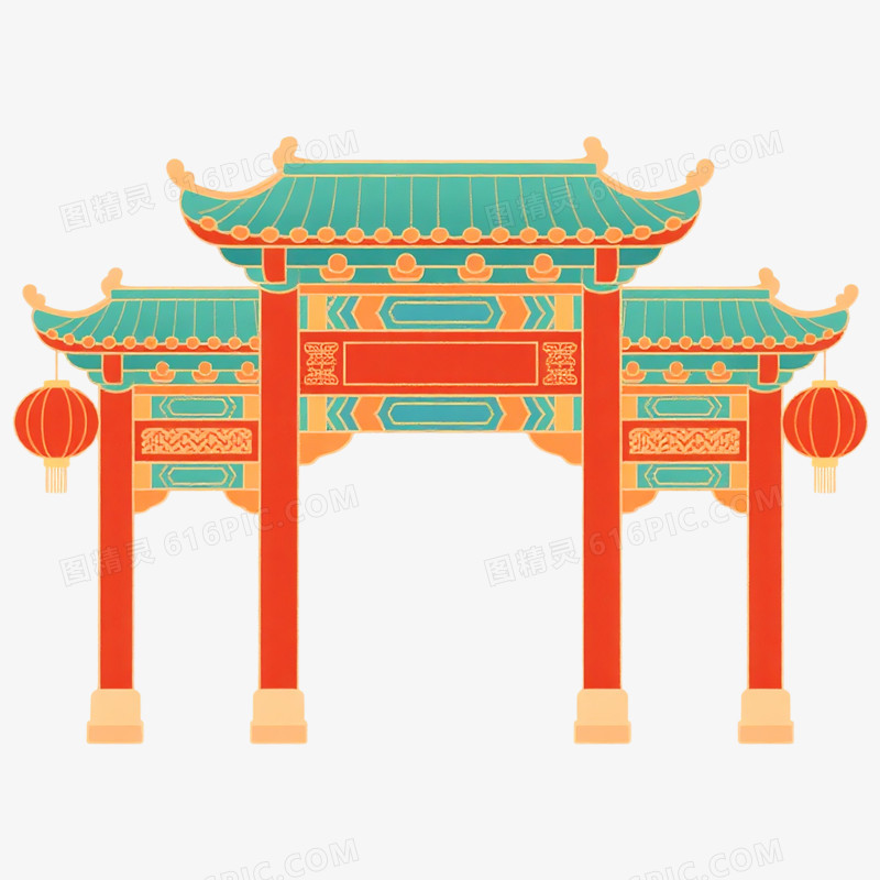 手绘卡通牌楼建筑免抠素材