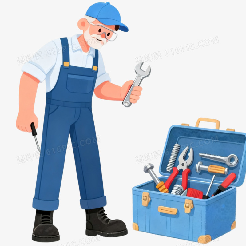 卡通风工人整理工具箱免抠元素