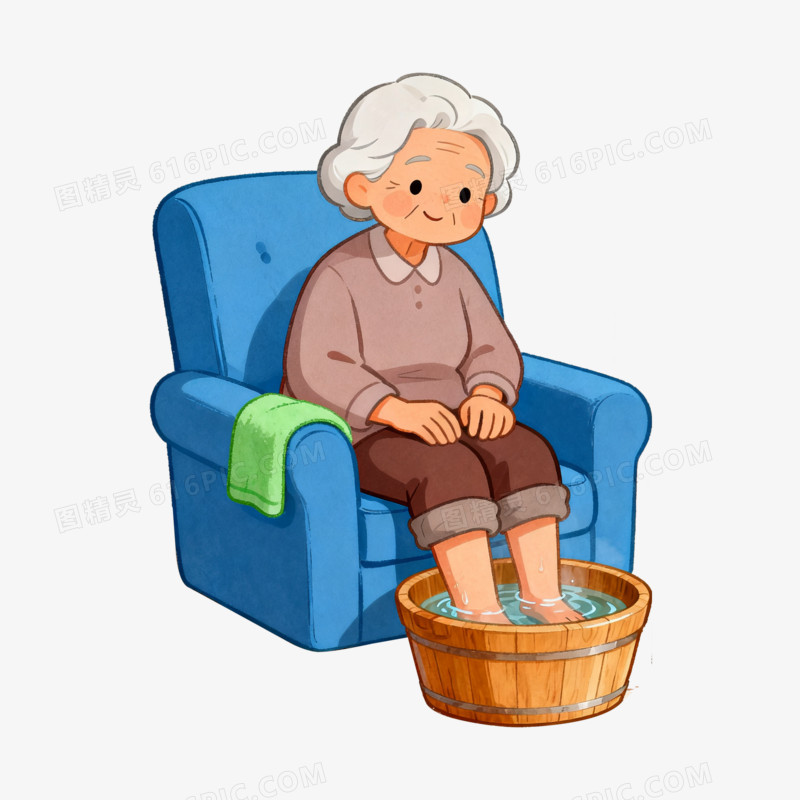 插画风一位老奶奶泡脚免抠元素