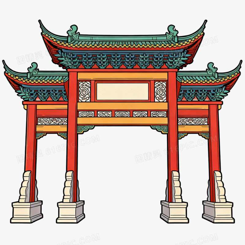 卡通手绘风牌坊免抠元素