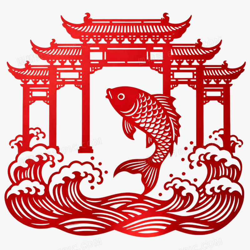 剪纸风手绘牌楼建筑免抠素材