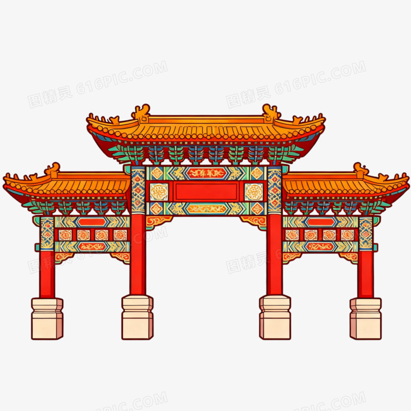 卡通手绘风牌坊免抠元素
