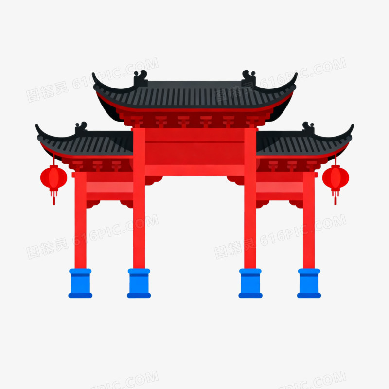 扁平手绘红色门楼免抠元素