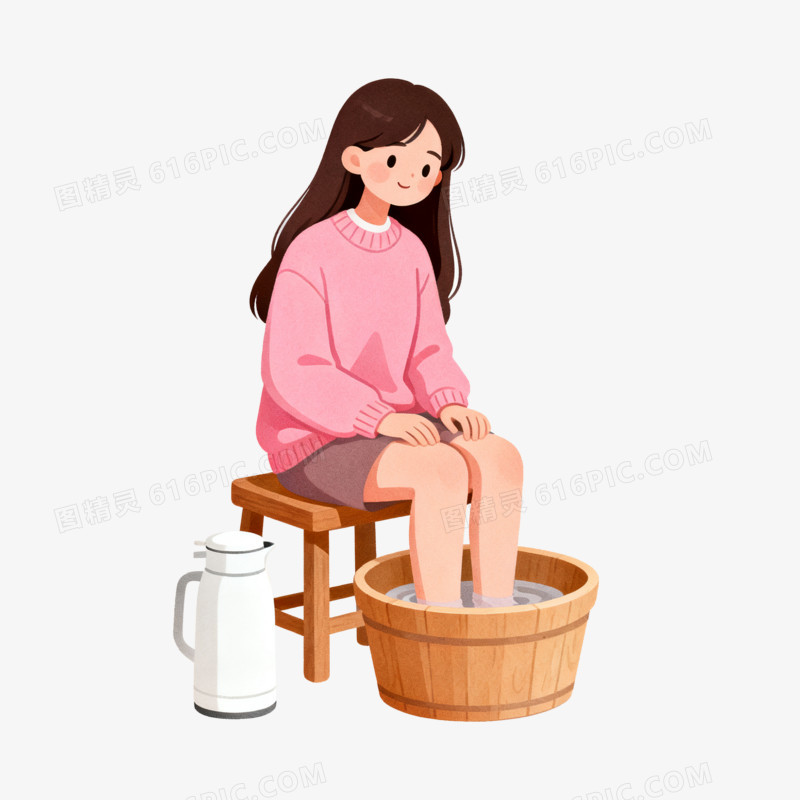 插画风一个小女孩泡脚免抠元素