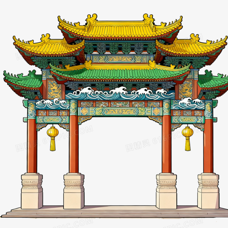 卡通手绘风牌坊免抠元素