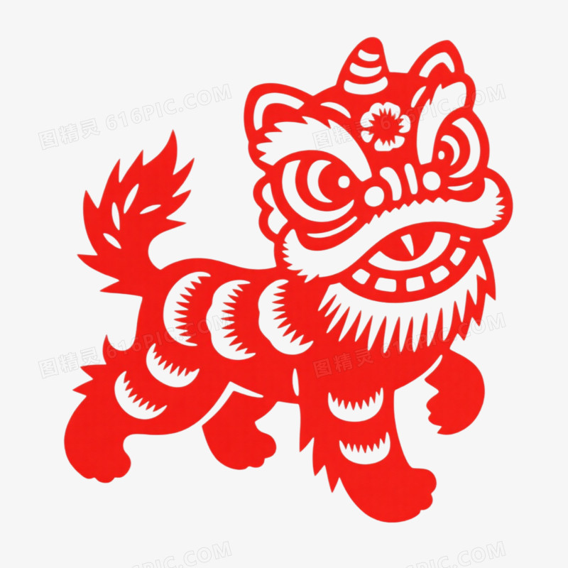 红色剪纸风舞狮免抠元素