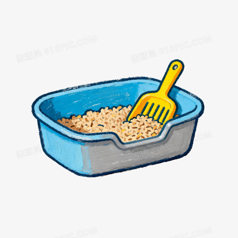 蜡笔风一个蓝色猫砂盆免抠元素
