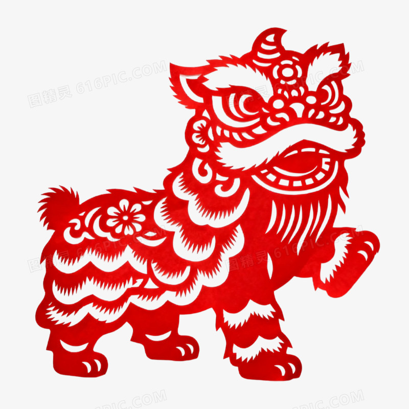 红色剪纸风舞狮免抠元素
