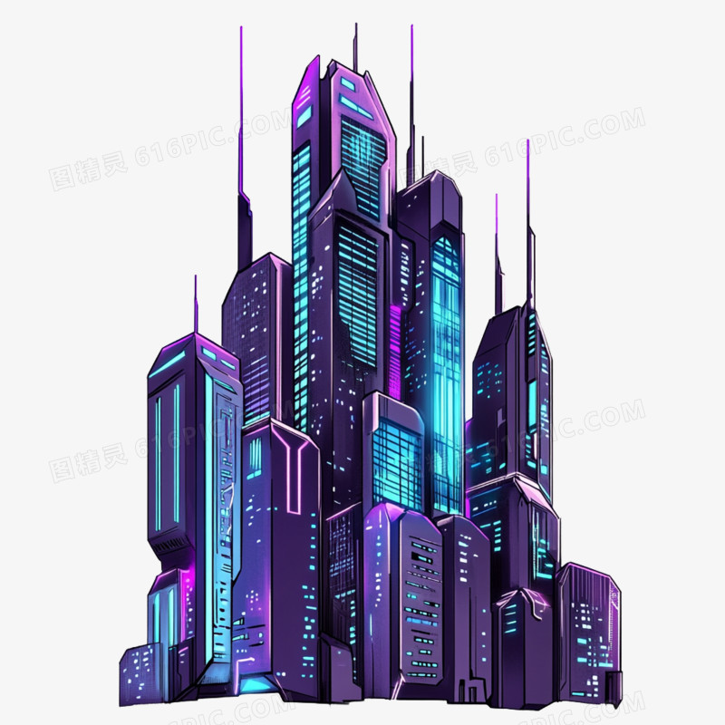 卡通手绘赛博朋克风建筑免抠元素