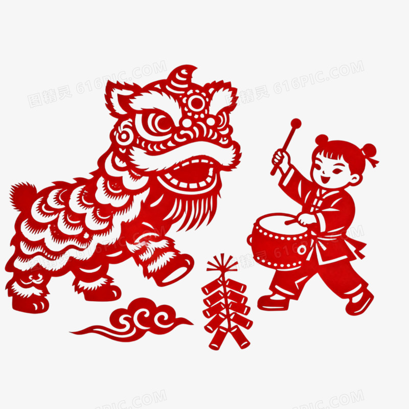 红色剪纸风舞狮免抠元素