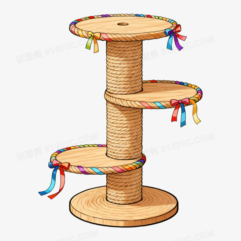 卡通一个原木色编织猫爬架免抠元素