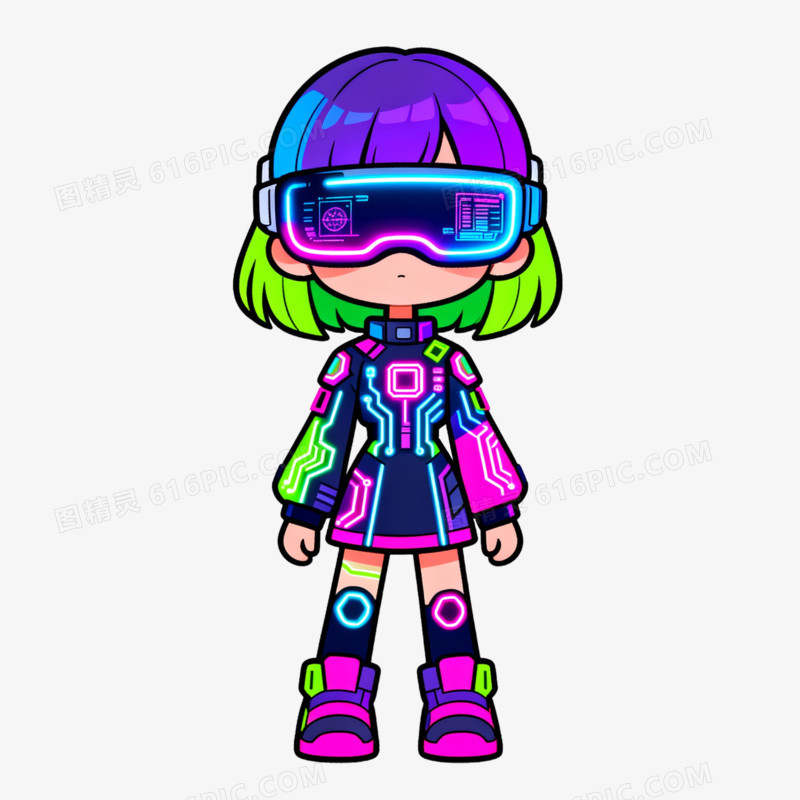 赛博朋克风戴VR眼镜的小女孩形象免抠元素