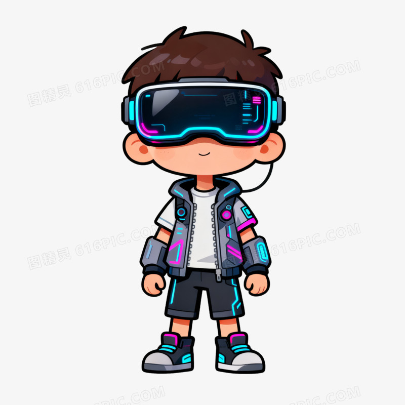 赛博朋克风戴VR眼镜的小男孩形象免抠元素