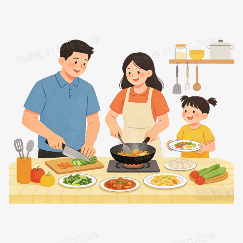 扁平风一家人烹饪美食免抠元素
