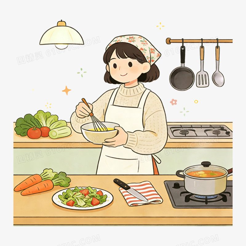 扁平风包头巾女孩烹饪美食免抠元素