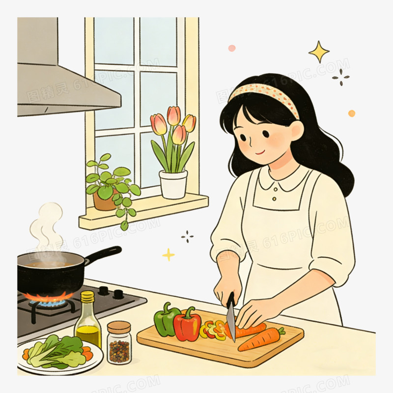 扁平风长发女孩烹饪美食免抠元素