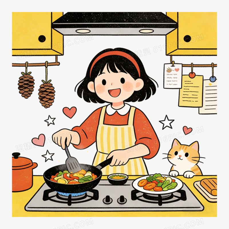 扁平风小女孩带围裙炒菜免抠元素