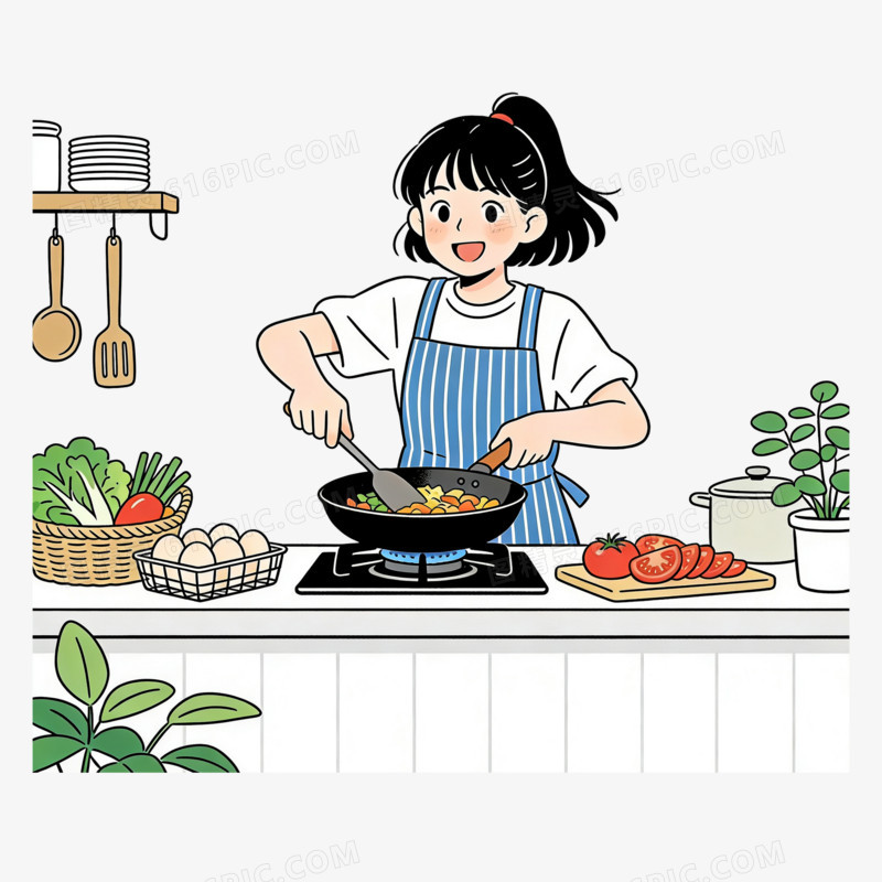 扁平风女孩带围裙炒菜免抠元素