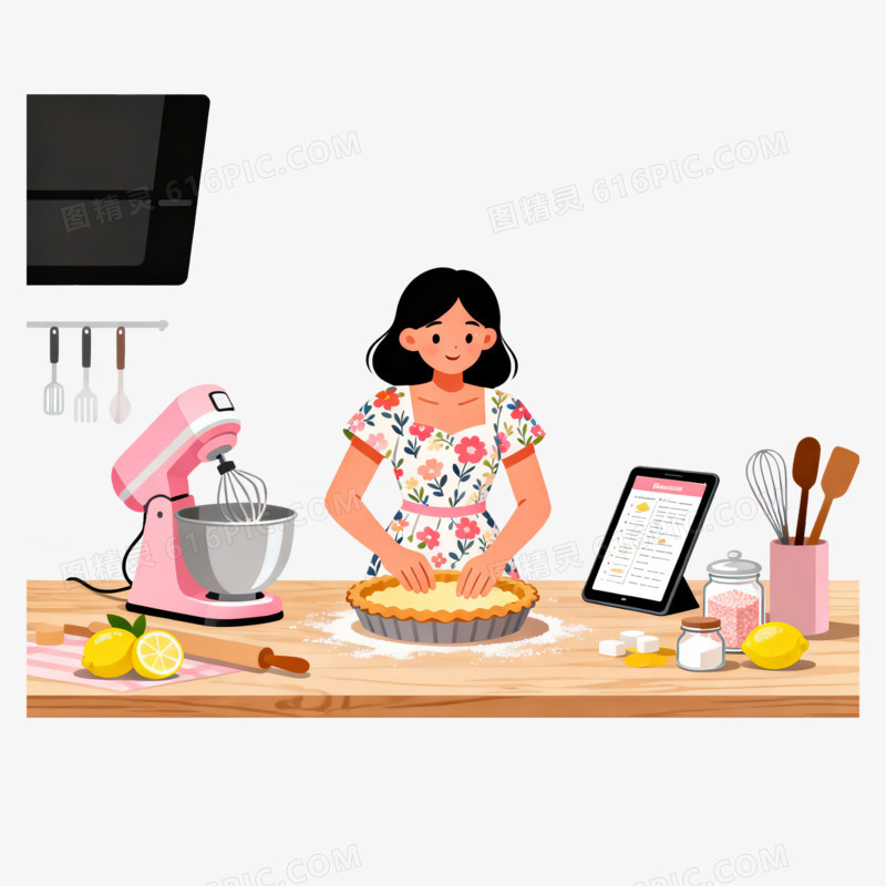 扁平风女孩做美食免抠元素