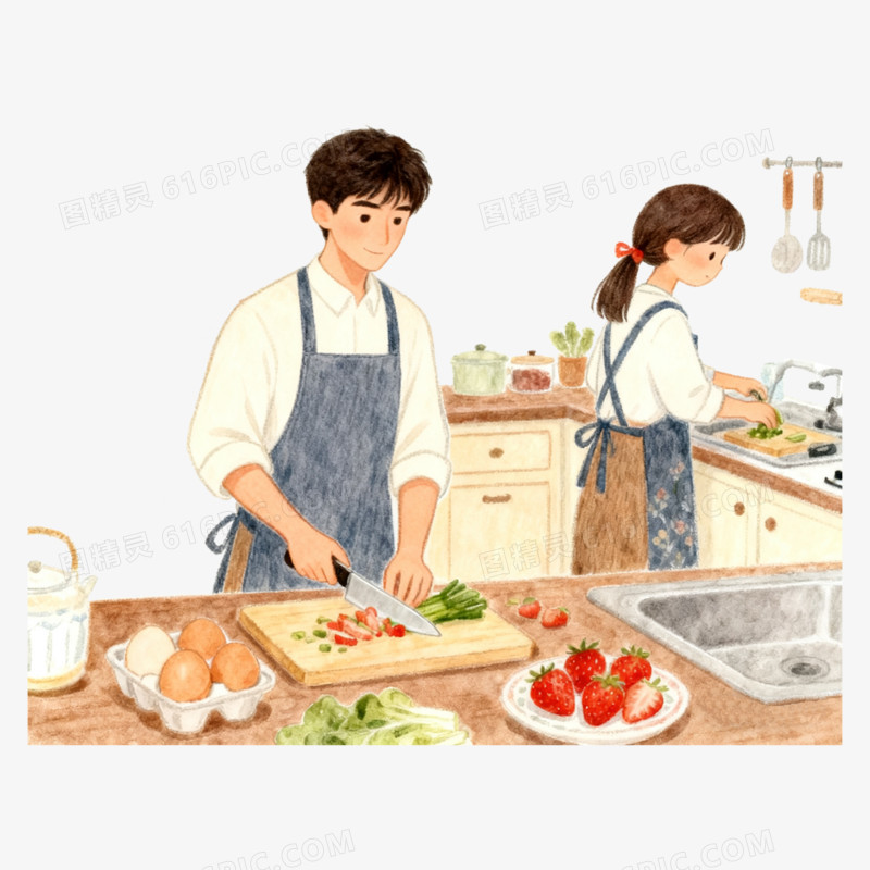扁平风铅笔情侣烹饪美食免抠元素