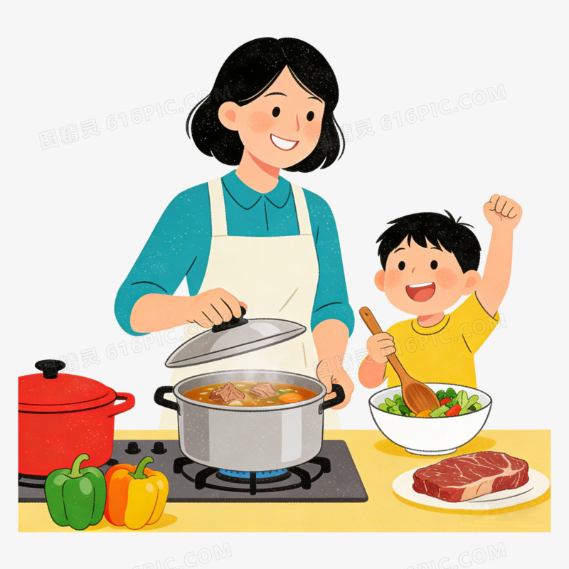 扁平风母子烹饪美食免抠元素