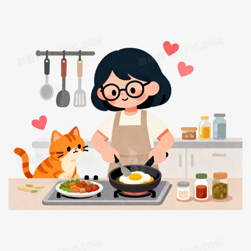 扁平风小女孩做美食免抠元素