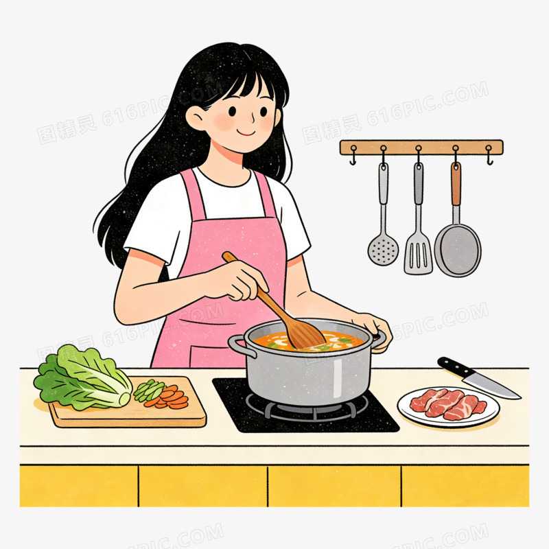 扁平风女孩烹饪汤羹免抠元素