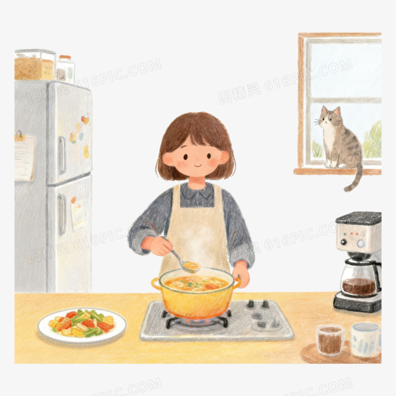 蜡笔风一个女孩烹饪美食免抠元素
