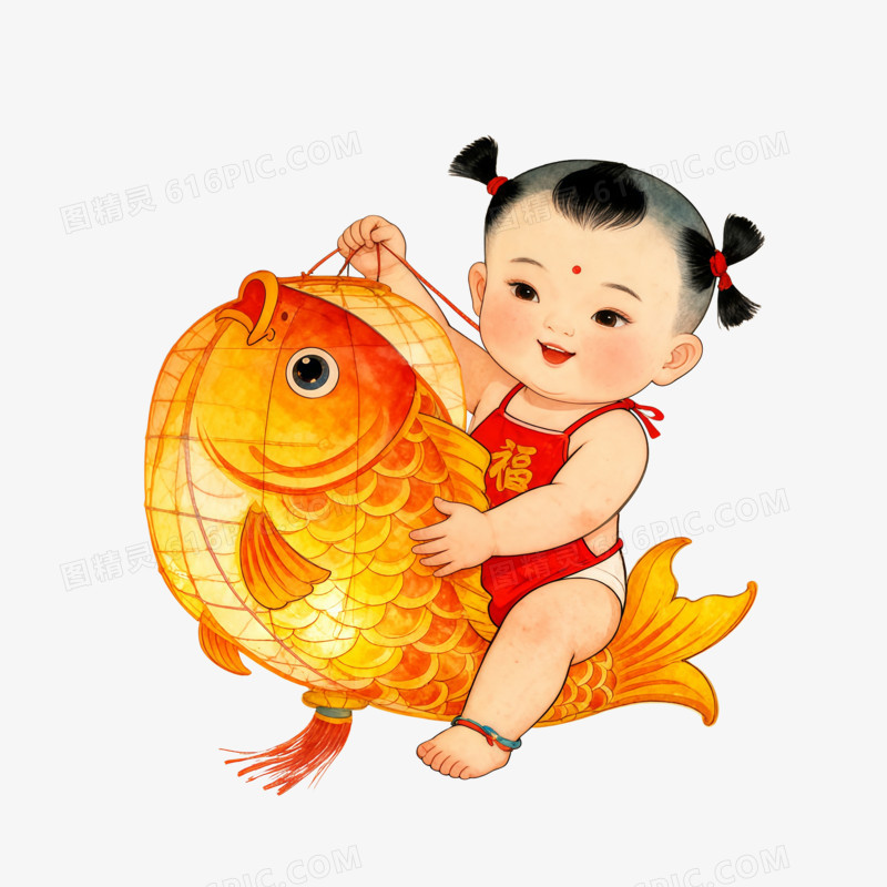 童子抱鲤鱼灯笼ai免抠元素