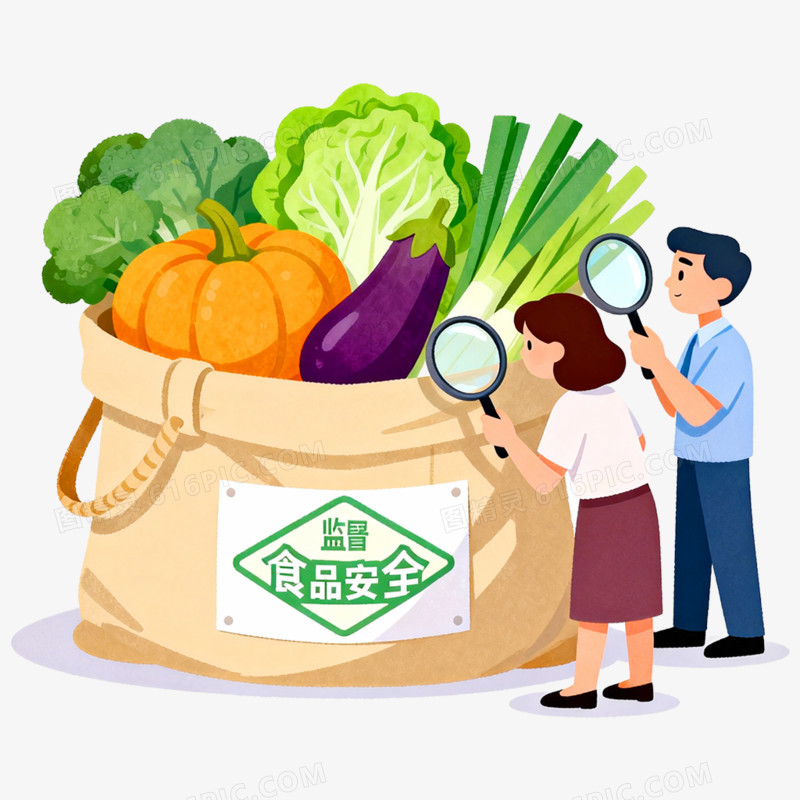 卡通手绘食品安全放大镜检测免抠元素