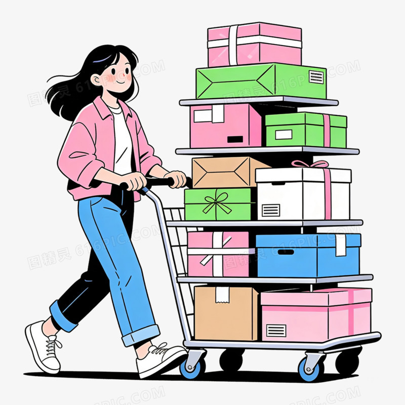 扁平风女孩拿一推车快递免抠元素