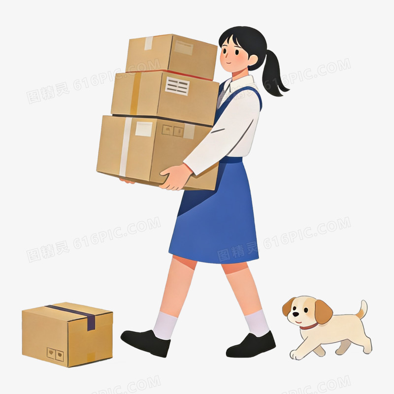 扁平风女孩和小狗拿快递免抠元素