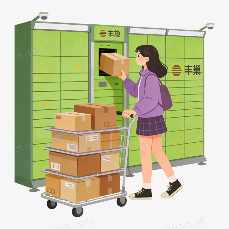 扁平风女孩拿丰巢快递免抠元素