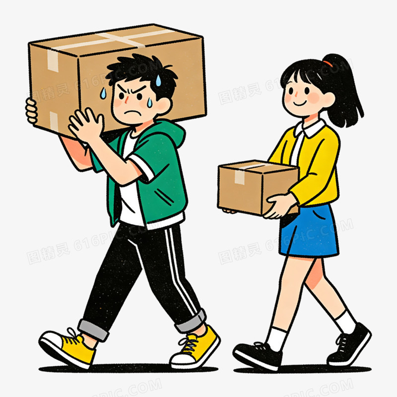 扁平风女孩男孩拿快递免抠元素