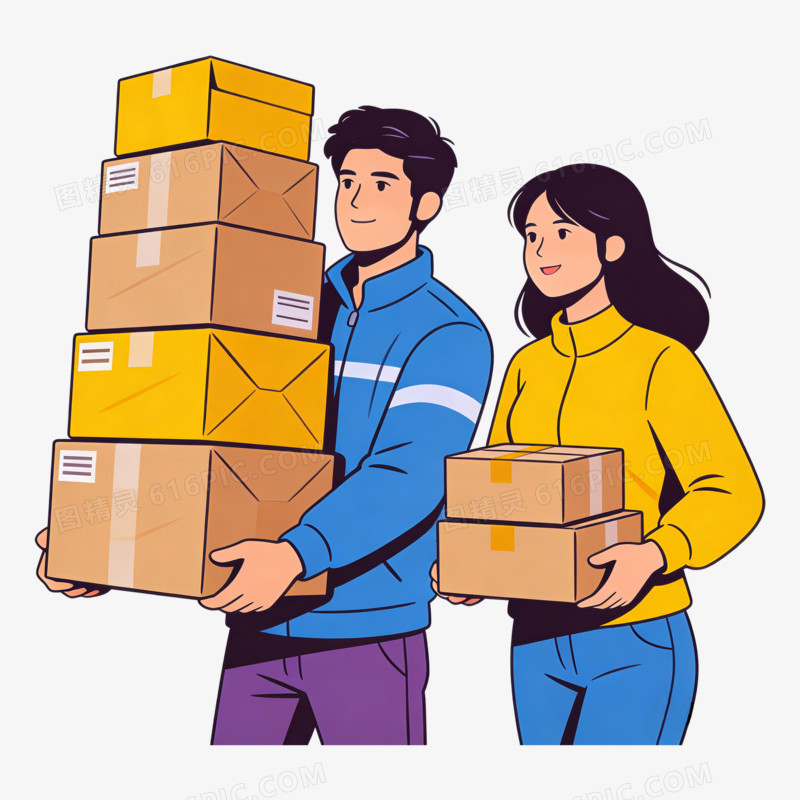 扁平风情侣拿快递免抠元素