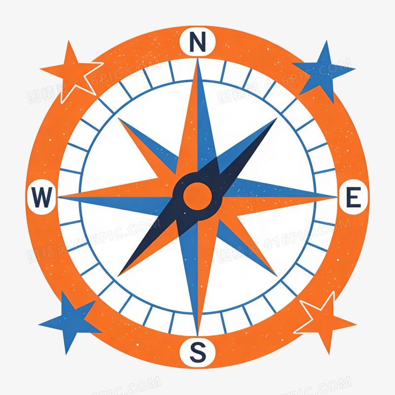 扁平风橙蓝色指南针免抠元素
