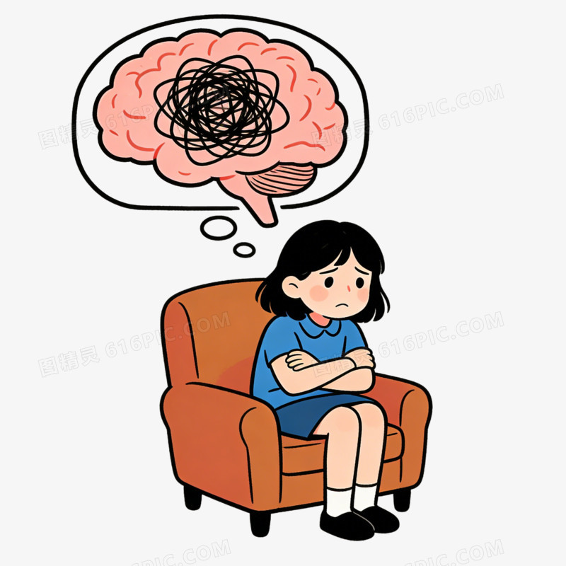 卡通焦虑的女孩坐在沙发上大脑一团乱免抠元素