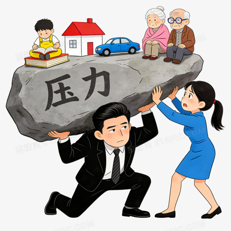 卡通穿西服的男人扛着压力大山旁边女人帮他撑着免抠元素