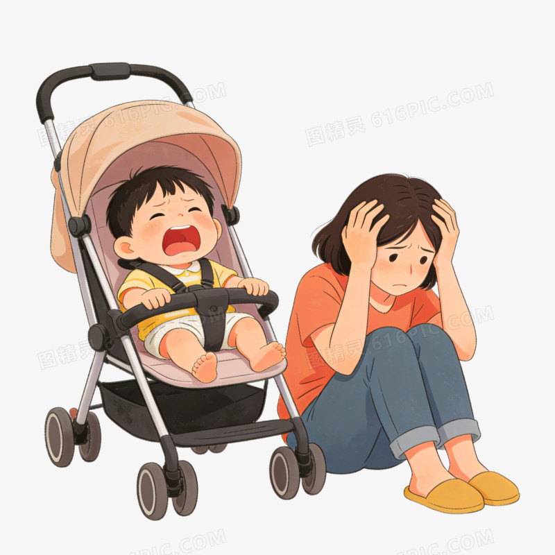 卡通婴儿车的大哭的小孩和焦虑坐在地上的妈妈免抠元素