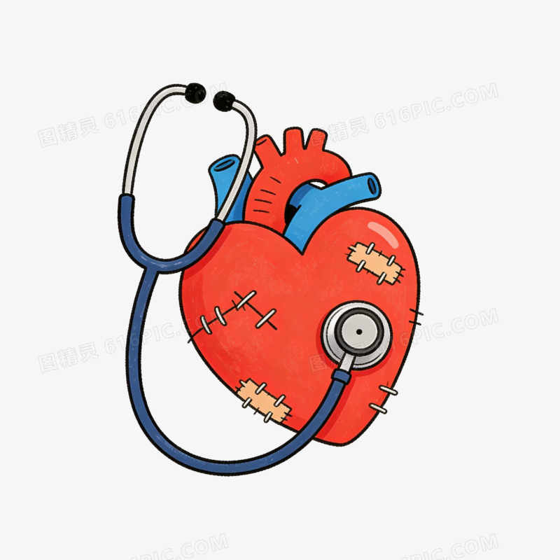 卡通缝缝补补的心脏和听诊器免抠元素