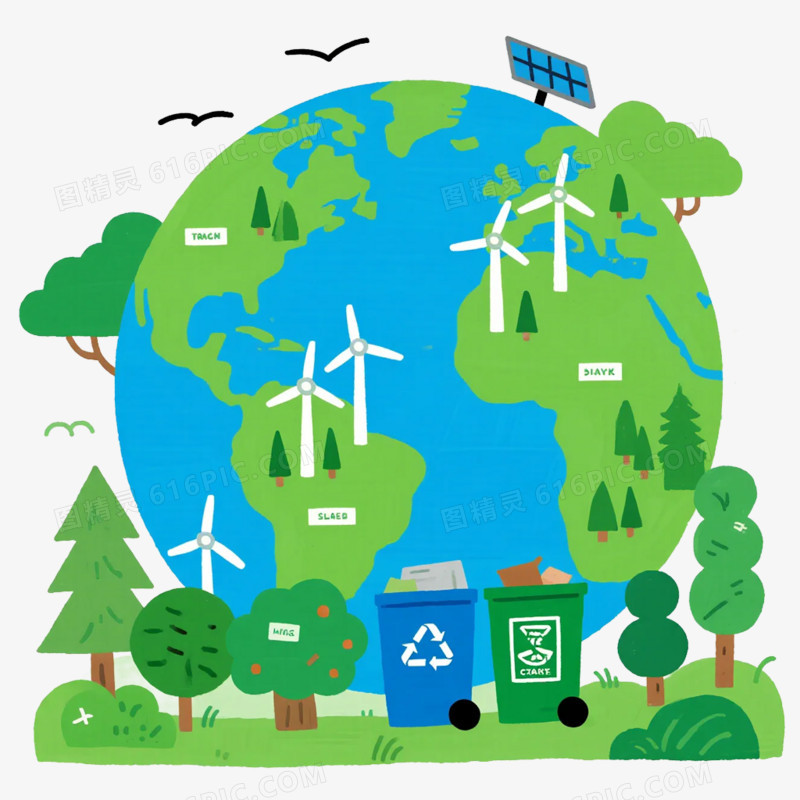 卡通插画风绿色环保免抠元素