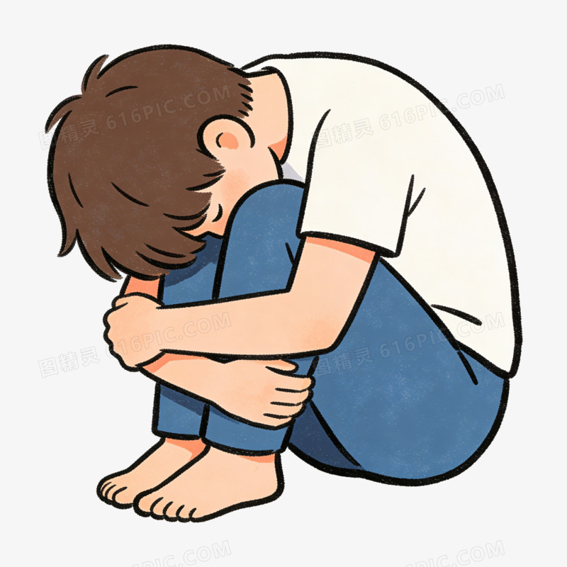 卡通双手抱腿蜷缩一团的人免抠元素