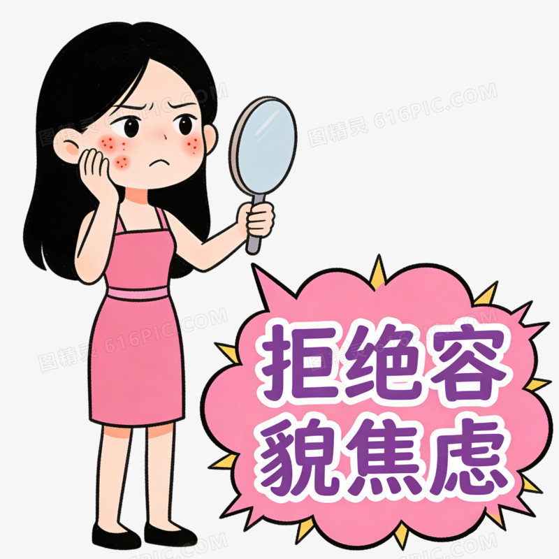 卡通拿着镜子看脸的女人和 免抠元素