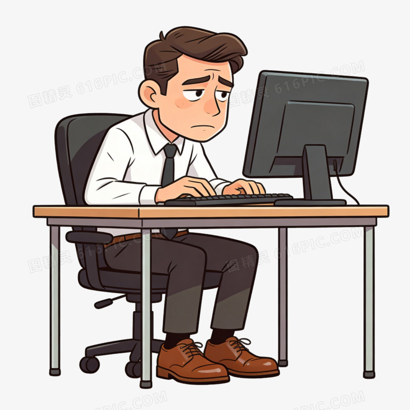 卡通憔悴的男人面对电脑工作免抠元素