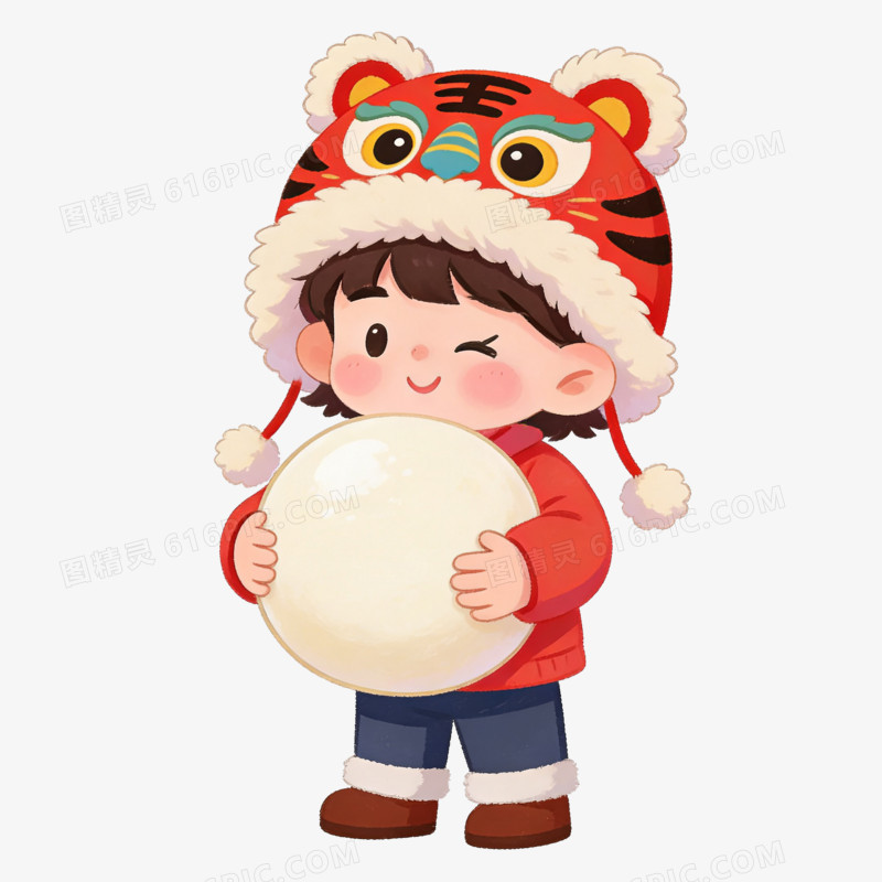 卡通手绘元宵节小男孩拿着元宵免抠元素