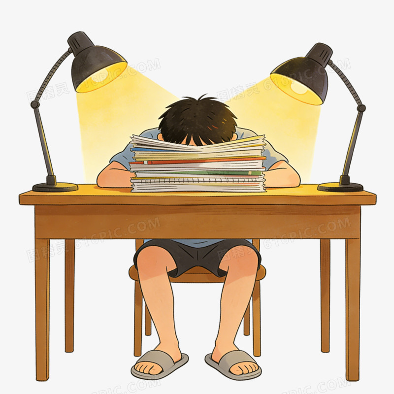 卡通学生把头埋在堆成山的学习资料中免抠元素