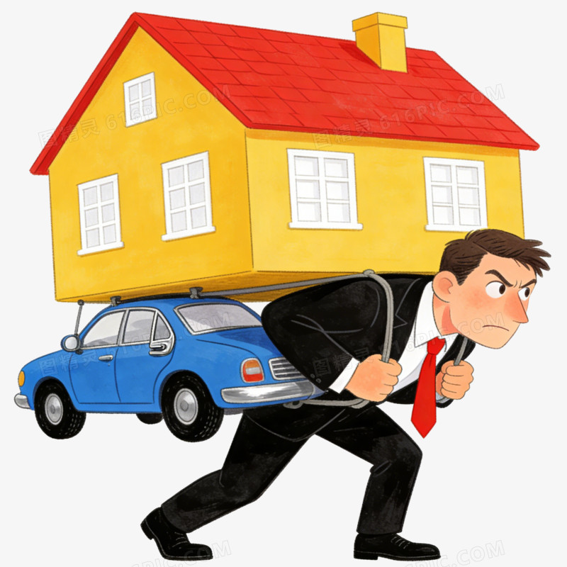 卡通穿西服的男人背着房子和车子免抠元素