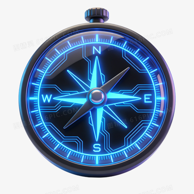 3D卡通蓝色发光科技感指南针免抠元素