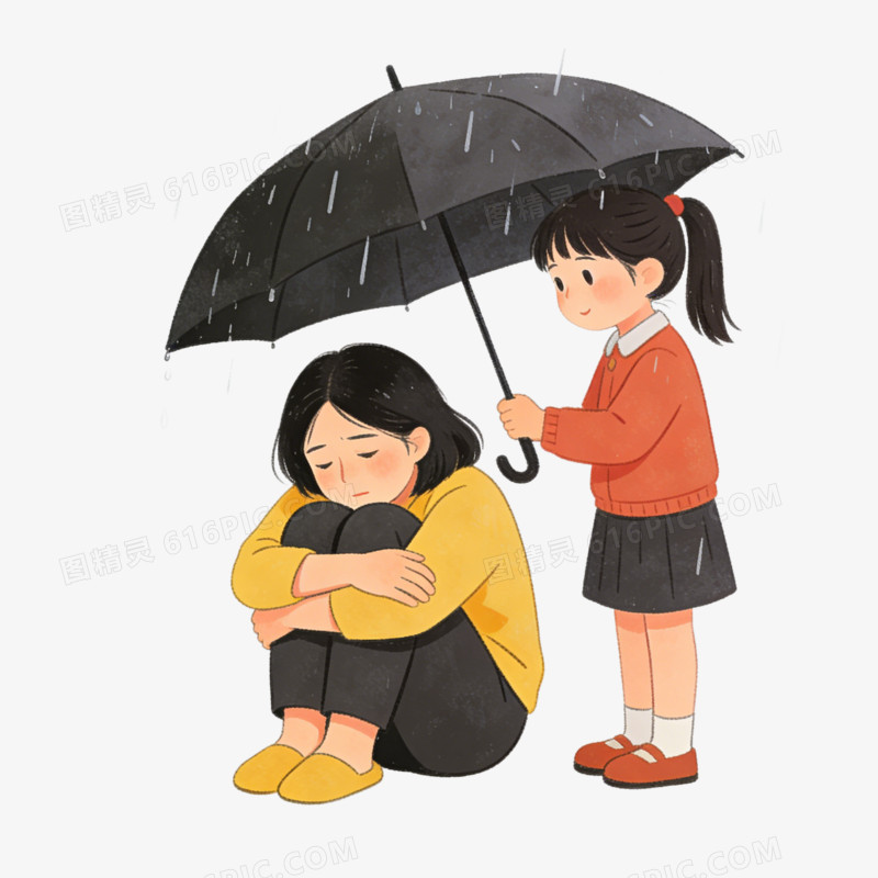 卡通小女孩给抱着腿的女人撑伞挡雨免抠元素